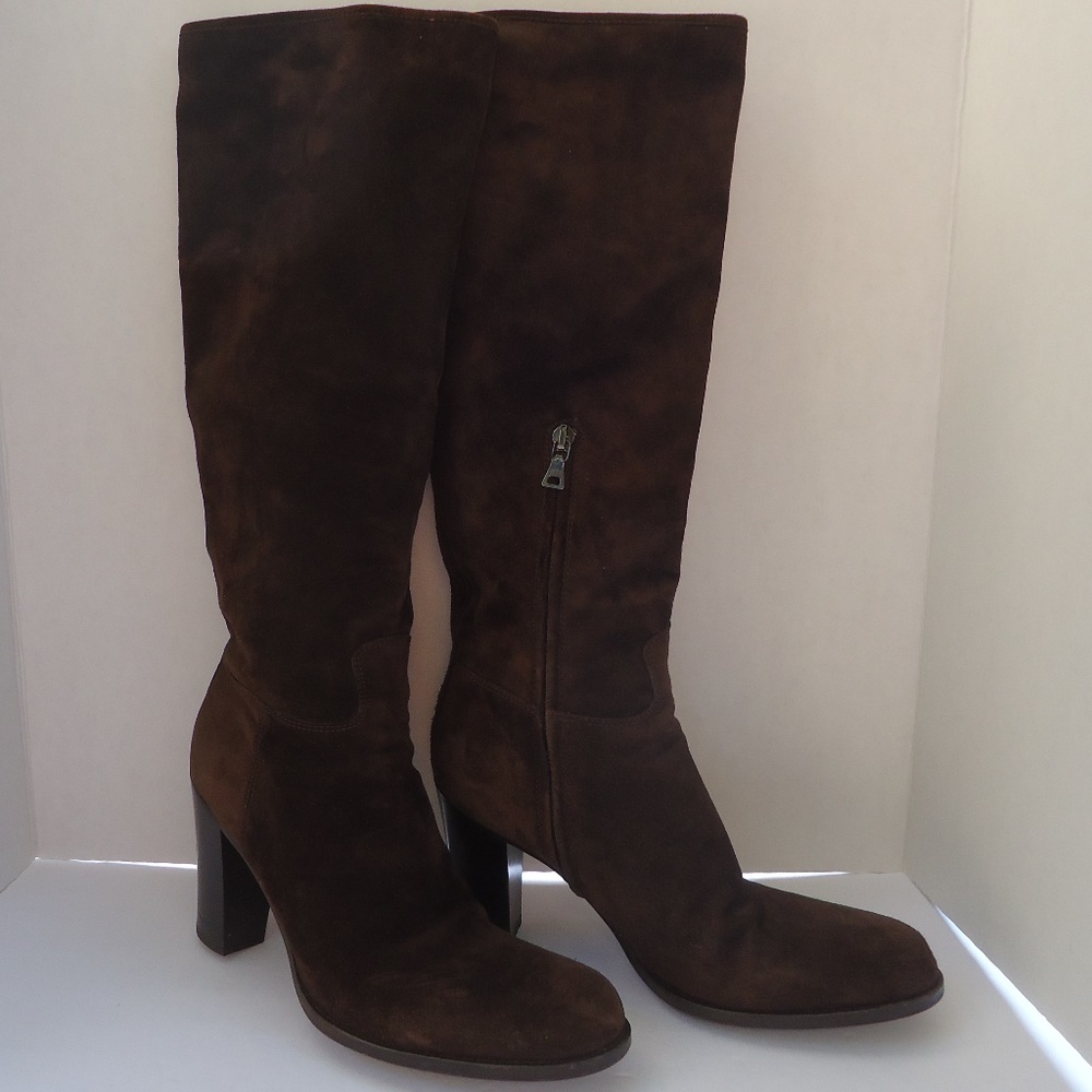SIZE EU 36.5. PRADA brown suede leather zipper knee high boots.